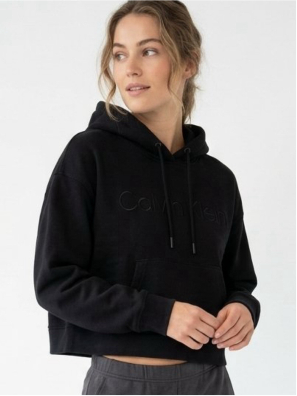 Women's Calvin Klein Black Logo Crop Pullover Hoodie Sweatshirt Size M
